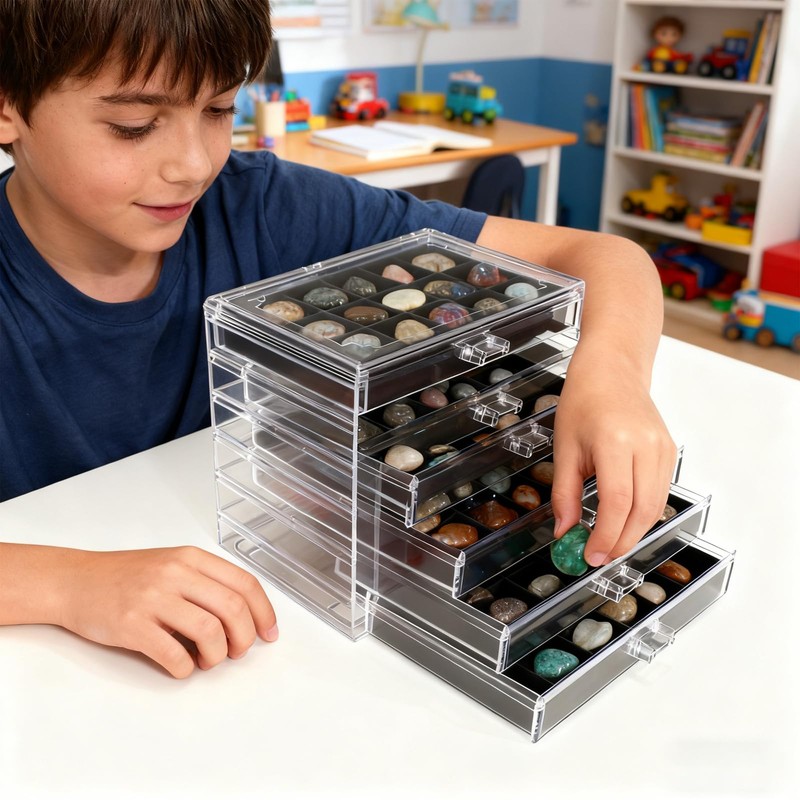 Rock Collection Box, 108 Grid Rock Collection Display Case, Crystal