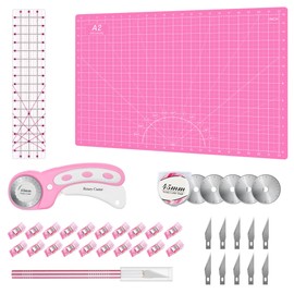 Rotary Cutter Set Pink - Quilting Kit incl. 45mm Fabric Cutter, 5 Replacement Blades, A2 Cutting Mat, Acrylic Quilting Ruler and Sewing Clips, Craft Knife Set, Ideal for Crafting, Sewing, Patchworking