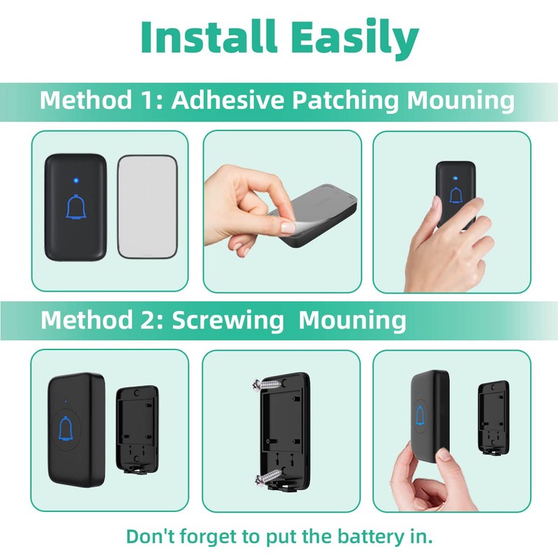 Wireless Doorbell Kits with 2 Receivers IP66 Waterproof 1000ft Range