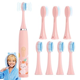 Cepillo Electrico Infantil, Juego de Cepillos de Dientes Eléctricos infantil Recargables para Niños, De 2 a 15 Años, 4 Modos, 8 Cabezales Repuesto Cepillo Dientes, Resistente Agua, para Niños y Niñas (Rosa)