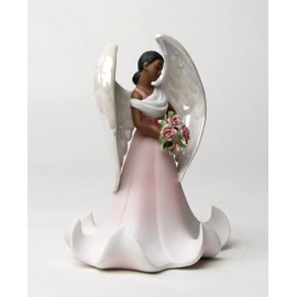 Fine Porcelain African American Black Rose Garden Angel Holding Pink Rose Flowers Figurine, 6-5/8 H Pink, Brown, White, Yellow, Green