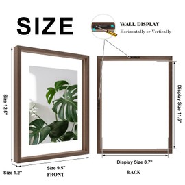 Egofine 9x12 Floating Frames Set of 2, Double Plexiglass Picture Frame, Made of Solid Wood Display Any Size Photo up to 9x12, Wall Mount or Tabletop Standing, Brown