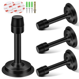 Door Stops 3.5 Inch, No Drill Door Stops for Bottom of Door, Black Door Stop Wall Protector with Sound Dampening Rubber Bumper Tips, Self Adhesive Stainless Steel Doorstops, 4 Pack