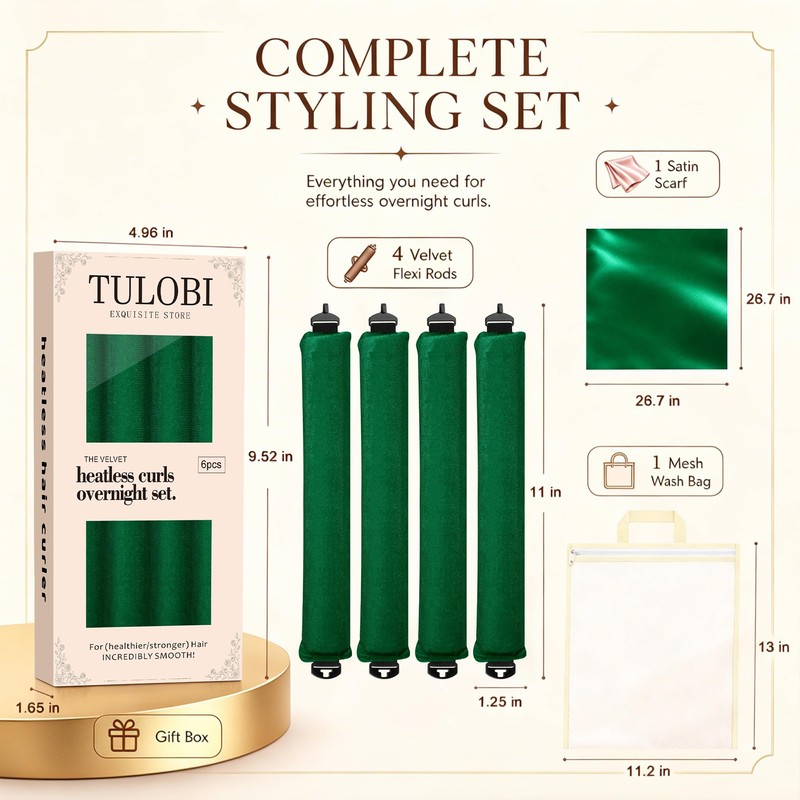 Heatless Curls Overnight, 4PCS Jumbo Velvet Curling Rods, Green
