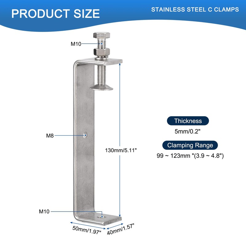 Awclub 2 Pack 304 Stainless Steel C Clamps with 130mm/5.12"