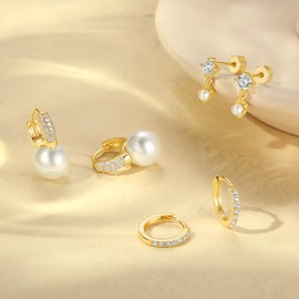 QUINBY Pearl Earrings for Women, Dainty Pearl Drop Earrings,Hypoallergenic 14K Gold Pearl Earrings, Trendy Hoop Dangle Earrings Stack, Elegant Pearl Stud Dangle Earrings, Brass, No Gemstone