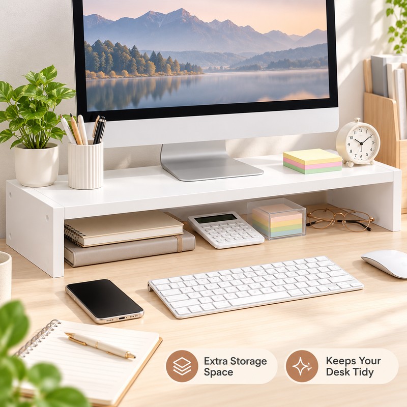 Computer & Laptop Riser Shelf for Desk Storage – Wooden