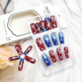 24Pcs 4th of July Press on Nails Medium Square Independence Day Fake Nails with Five-Pointed Star Design Red Blue French Tip Glue on False Nail Sparkling Sequins Artificial Stick on Nail for Women