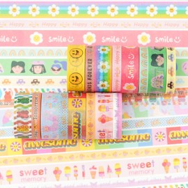 YUBX Cute Cartoon Washi Tape Set 16 Rolls Bright Colors Kawaii Masking Graphic Decorative Tapes for Arts, DIY Crafts, Journals, Planners, Scrapbook, Wrapping