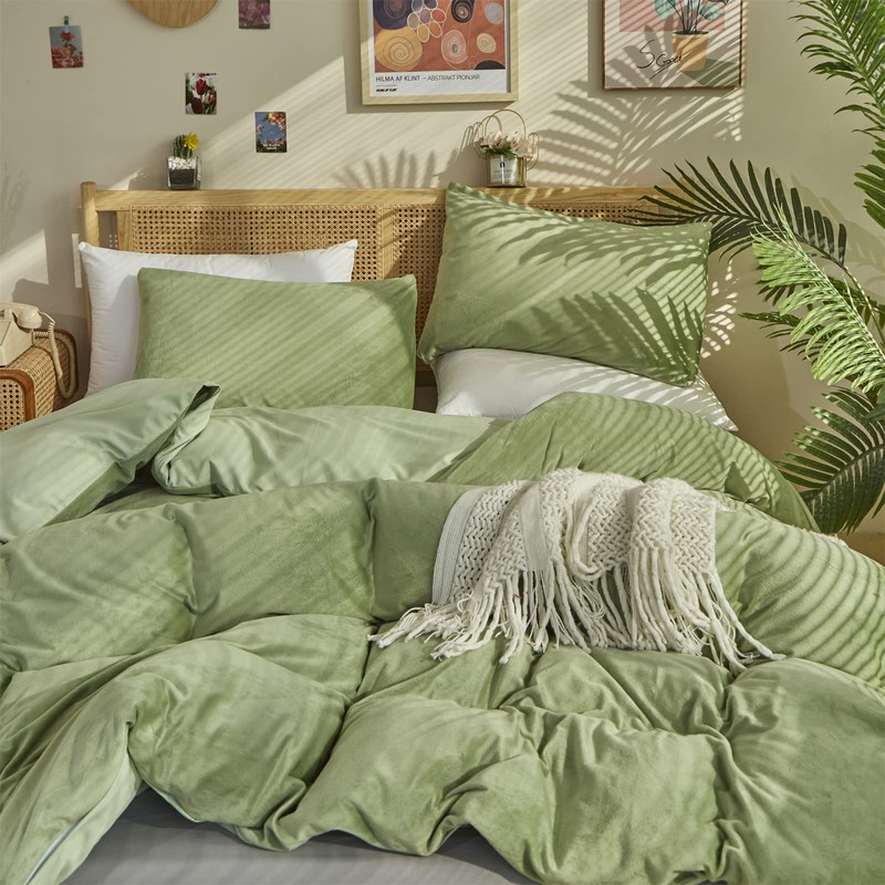 Houseri Sage Green Velvet Comforter Set Queen Fluffy Light Green