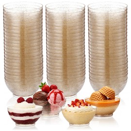 Newtay 100 Pack Gold Glitter Plastic Bowls 3oz Mini Disposable Dessert Bowl Small Serving Bowls for Party Serving Pudding Dipping Candy Cheesecake Mousse Ice Cream