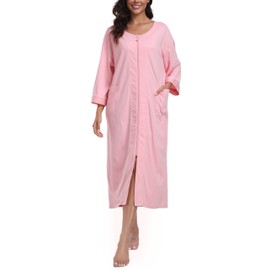 COLORFULLEAF Women's 100% Cotton Robes Zip up Dressing Gowns Lightweight Summer 3/4 Sleeve Full Length Housecoat Bathrobe (PI,XL)