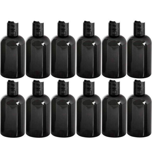 Premium Essential Oil 4 Ounce Boston Round Bottles, PET Plastic Empty Refillable BPA-Free, with Black Press Down Disc Caps (Pack of 12) (Black)