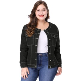 Agnes Orinda Denim Jacket for Women Plus Size Collarless Long Sleeve Button Down Jean Jacket 2025 Western Outfit 2X Black