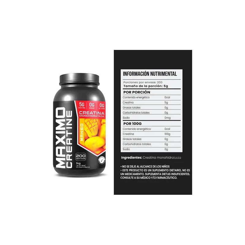 Creatina Monohidratada 1kg Maximo Protein 200 Porciones