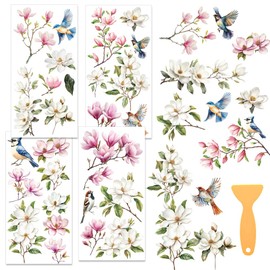 WEBEEDY 4 Pcs Magnolia Flower Rub on Transfer Stickers for Crafts,5.9x11.8'' Vintage Birds Furniture Decoration Stickers for Window Wood Glass Wall Art,Cups Envelope Bedroom Scrapbooking Decor