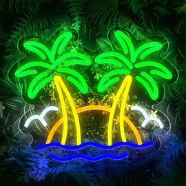 Tropical Neon Sign Double Coconut Palm Tree, Dimmable Beach Sunset LED Neon Light, Tropical Ocean Seagull Wall Decor for Man Cave Home Bar, Tiki Bar, Hawaii Club, Bedroom, Gift for Dad Father Him, RV Travel Trailer Beach Party Decor