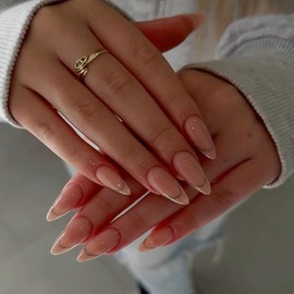 Qsnidy Glossy Press on Nails Short Medium Almond Fake Nails Nude Pink with Golden Glitter Line Design False Nails, Full Cover Artificial Nails, Acrylic Stick Glue on Nails for Women, 24 Nails Kit