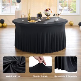 6 Pack Black Round Spandex Tablecloths for 60 inch Tables, Wrinkle Free Stretchy 120 inch Fitted Round Table Cloths Cover with Elegant Skirt for Wedding Birthday Parties Banquet