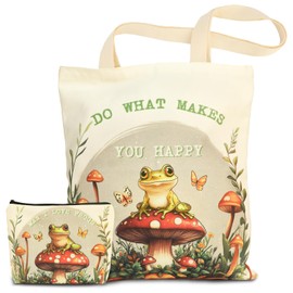 Canvas Tote Bag for Women, Cute Mushroom and Frog Tote Bag with Makeup Pouch Bag, Aesthetic Bags Gift for Women Ladies Girls Working Shopping