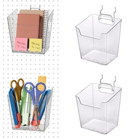 Clear Pegboard Cups with Hooks 4 Pack, 1/8" & 1/4" Peg Board Orangizer Accessories Aesthetic Decoration for Garage Workbench Craft Room Office Playroom Organization (Medium)
