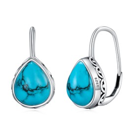 Turquoise Earrings 925 Sterling Silver Vintage Natura 10 mm Turquoise Leverback Jewellery Gifts for Women, Silver