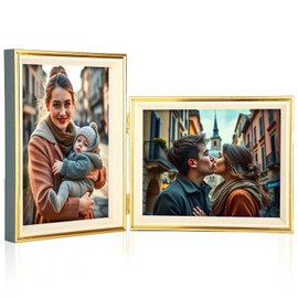 Epecfan Double Picture Frame 5x7 Vertical and Horizontal Hinged Picture Frames stand on Desktop Folding Photo Frame for Tabletop Display(BlueGolden,5x7-7x5)