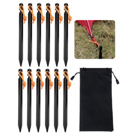 Tent Pegs 12 PCS, RSVOM Lightweight Metal Heavy Duty Camping Tent Peg with Reflective Rope, 18cm Black Aluminum Alloy Tent Stakes Ground Pegs Nails for Garden Awning Hiking Netting Tarp