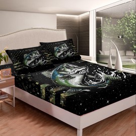 Feelyou Pike Fish Bed Sheet Set Twin Size Bass Big Fish Fitted Sheet for Kids Boys Girls Decor American Flag Bedding Set Glitter Black Bed Cover Deep Pocket