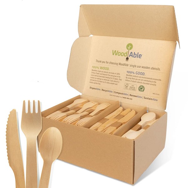 WOODABLE Disposable & Backyard Compostable Wooden Cutlery Mix, Eco-Friendly, Sustainable, Organic, Biodegradable, Vegan-Friendly, 480 Count - Includes 240 Forks, 80 Spoons and 160 Knives