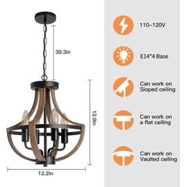 SEEBLEN Farmhouse Chandelier,Vintage 4-Light Hanging Pendant Light Height Adjustable,Rustic Metal Ceiling Light in Faux Wood Grain Color for Dining Room Kitchen Foyer Hallway Entryway Bedroom Closet.