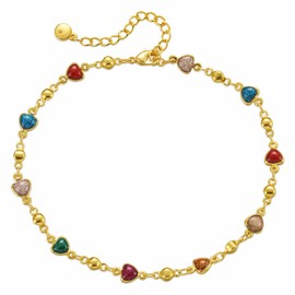18K Gold Plated Anklet, Adjustable Bohemian Heart Shaped Coloured Zirconia Anklet, Beach Holiday Jewellery For Women