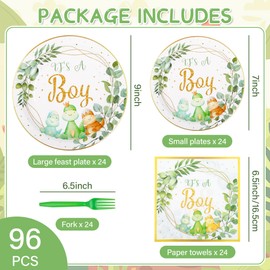 LASLU 96 Pieces Dinosaur Party Decorations Supplies Green Party Tableware Set Baby Shower Party Dessert Plates Napkins Forks for 24 Guests It's a Boy Shower Party