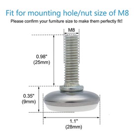 uxcell M8 x 25 x 28mm Screw on Furniture Glide Leveling Feet Adjustable Leveler Pad for Chair Industrial Machine Desk Leg, White Cap 8 Pack