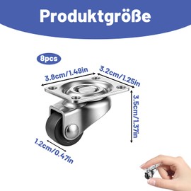 HcvGcm Small Furniture Castors, Pack of 8 Small Furniture Castors, Flat, Mini Castors for Furniture, 360° Rotatable, Quiet and Gentle, Ideal for Cabinets, Tables, Office Devices