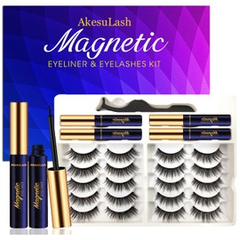 AkesuLash Magnetic Eyelashes - 10 Pairs 3D Medium Magnetic Lashes with Eyeliner Kit,Cruelty-Free & Vegan,Upgraded,Natural Look,Long Lasting,Reusable,With Applicator - Easy to Apply (4 Tube of Liner)