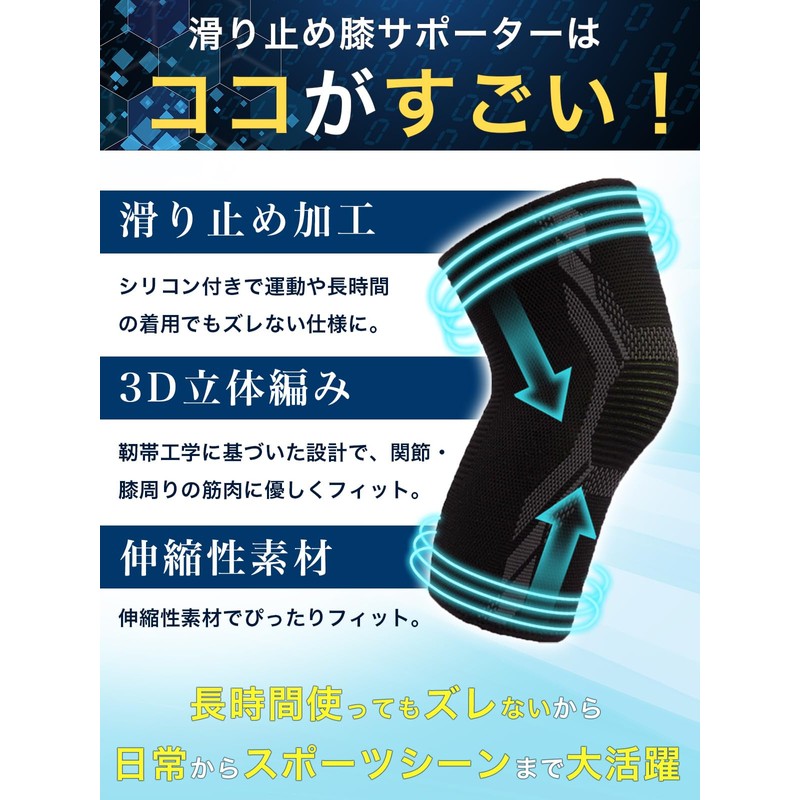 【整体師監修】膝サポーター 滑り止め付き 着圧 2枚入り 伸縮 運動 段差 衝撃吸収 スポーツ ひざ用