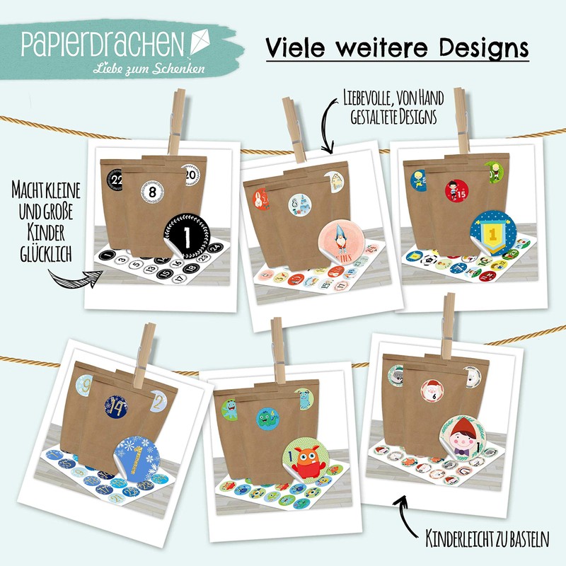 DIY advent calendar set (24 brown gift bags, 24 coloured number stickers,