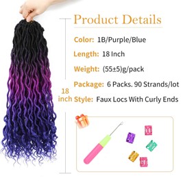 1B/Purple/Blue Curly Hair 18 Inch 6 Packs Goddess Locs Crochet Hair Ombre Faux Locs with Curly Ends Pre Looped Crochet Locs for Black Women(18 Inch,6 Packs,1B/Purple/Blue)