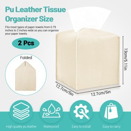 ASTIMESA 2 Pack Leather Tissue Box Cover, Square Tissue Holder with Bottom Belt, Modern Tissue Case Cube Dispenser for Decor Bathroom Home Car Office Desk (Beige)
