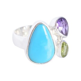 Natural Arizona Turquoise,Peridot,Amethyst Gemstone 925 Sterling Silver Bezel Setting Statement Ring SZ-K 1/2 FSJ-4068