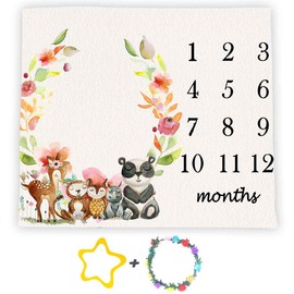 Woodland Animals Baby Milestone Blanket, Large 48x40in Soft Fabric, Growth Tracker Blanket, Baby Shower Newmom Photography Props, Included 2 Bonus Marker LHFS824
