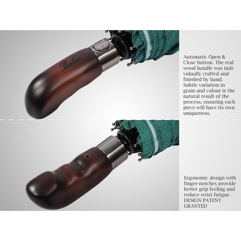 Balios Travel Folding Umbrella with Real Wood Handle Auto Open