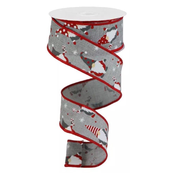 Unbranded Christmas Gnomes Ribbon, Red/White/Grey on Light Grey Royal, Wired