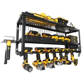 MOOMSINE Power Tool Organizer Wall Mount, Heavy Duty 7 Slots Cordless Drill Holder and Battery Shelf, Metal Tool Storage Rack with Charging Station for Garage Organization