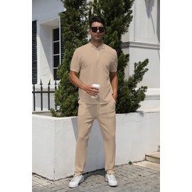 FZNHQL Men's Sportswear Tracksuit Set 2-piece Outfits for Men Style and Comfort Casual Track Suit Vacation Sweatsuit Khaki Brown XX-Large