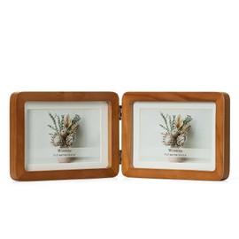 Wontree 5x7 Double Horizontal Hinged Foldable Combo Rounded Corner Picture Frame, Walnut-Colored Pine Wood with Real Glass, Display 5x7 Photos Matted to 4x6, Free-Standing Desk Tabletop