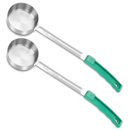 BASEPOW Portion Control Serving Spoons,4 Oz Scoop Portion for Food Pizza Sauce,Stainless Steel Solid Measuring Spoons Ladle, Portion Control Serving Utensils (Green,2PCS)