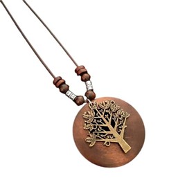 KIFEDSLJ Wooden Pendant Necklace with Owl Leaf Elephant Flower Handmade Vintage Bronze Leaf Long Leather Chain Sweater Necklace for Women (big tree)