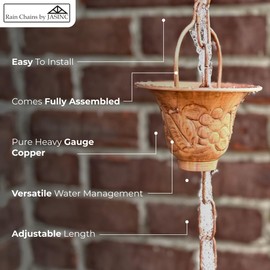 Rain Chains by JASINC 8.5 ft Grape Leaf Vineyard Cups Pure Copper, to Replace Roof Gutter Downspout, with Installation Kit, Rainwater Catcher/Water Diverter, JAS8005C